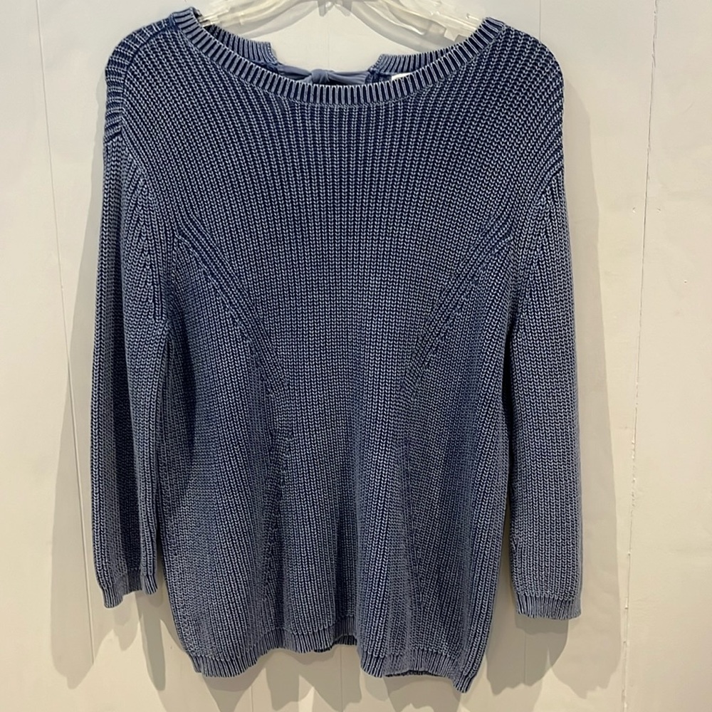 Caslon denim blue ribbed know sweater. Scoop neck front. Tie closure in back.